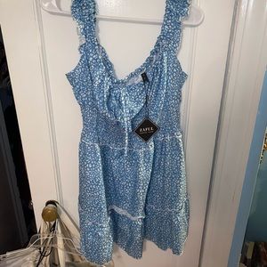 Off-the-shoulder Blue and White Floral Dress